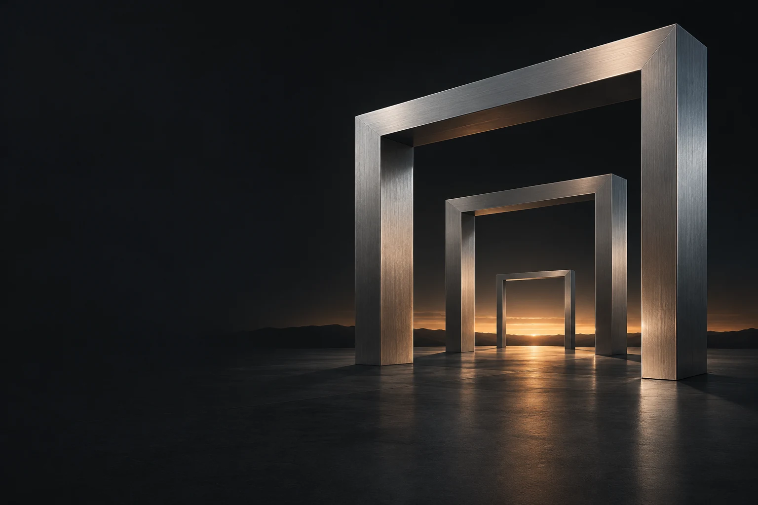 AI illustration: sculptural silver frames opening toward a warm horizon